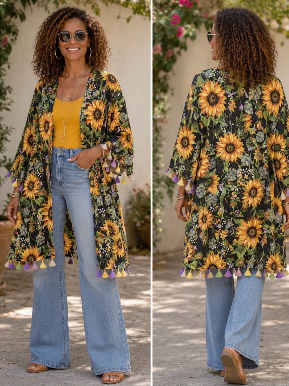 A Rare Bird Sunflower & Sunshine Tassel Kimono Duster Sz O/S - NWT